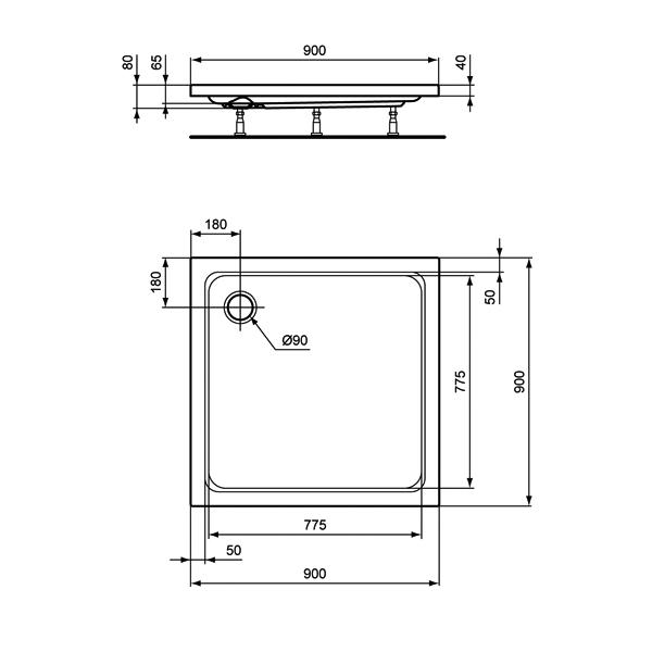 Duschwanne 90x90x6,5 cm quadratisch extraflach aus Sanitär-Acryl weiß - Bild 2