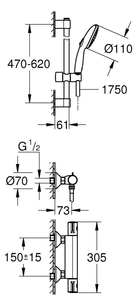 GROHE Thermostat-Brausebatterie Grohtherm 800 mit Brausegarnitur 600mm chrom 34565002 - Bild 2