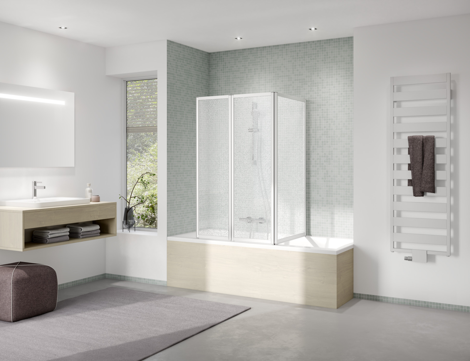 Kermi Faltwand Vario 2000 3-flügelig 650x1400mm Profil silber, Kunststoffglas Kerolan Perl