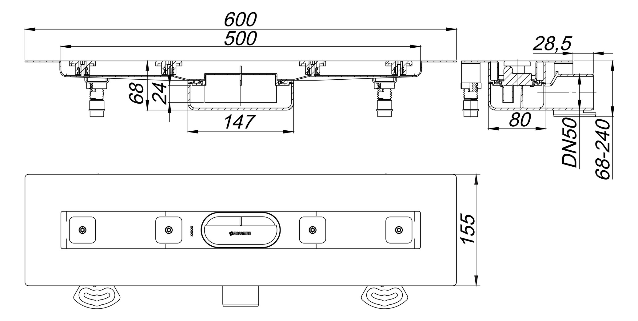 DALLMER Duschrinne CeraLine Nano F 500 mm BH 68 mm mit 1 Ablaufgehäuse, Fläche 523402 - Bild 2