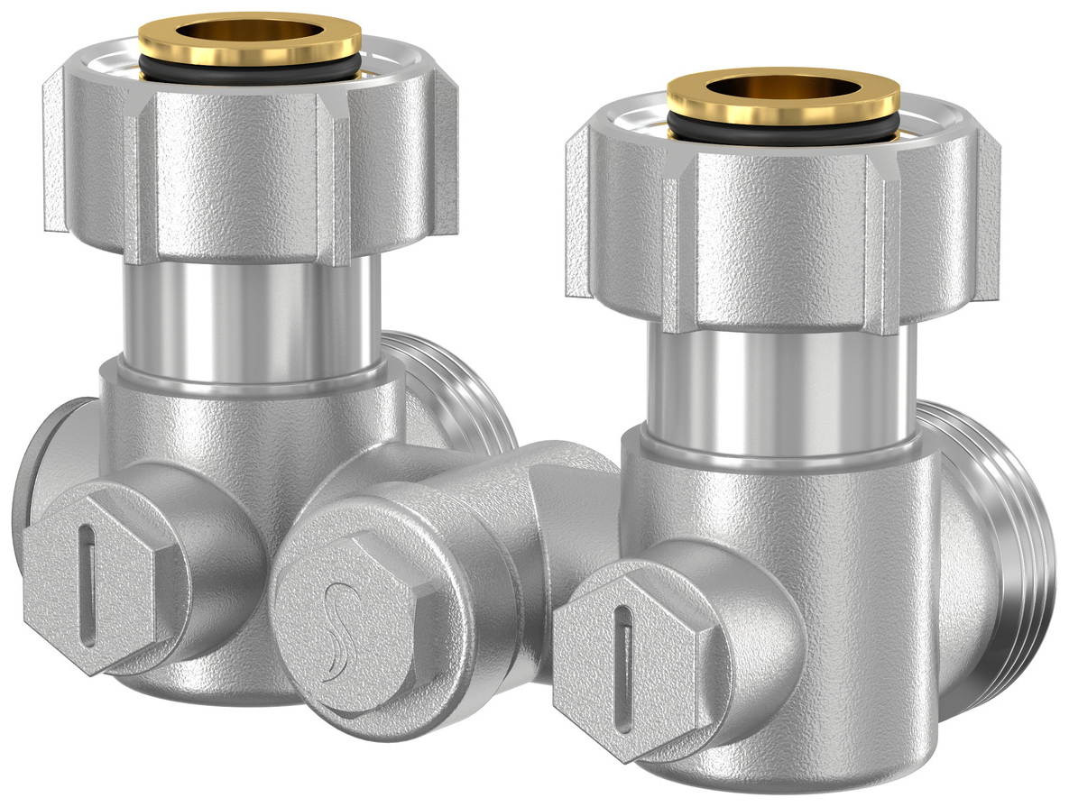 Einrohr-Hahnblock 3/4'' AG Eckform absperrbar Rohrabstand 50mm, mit Einlegekonus - Bild 1