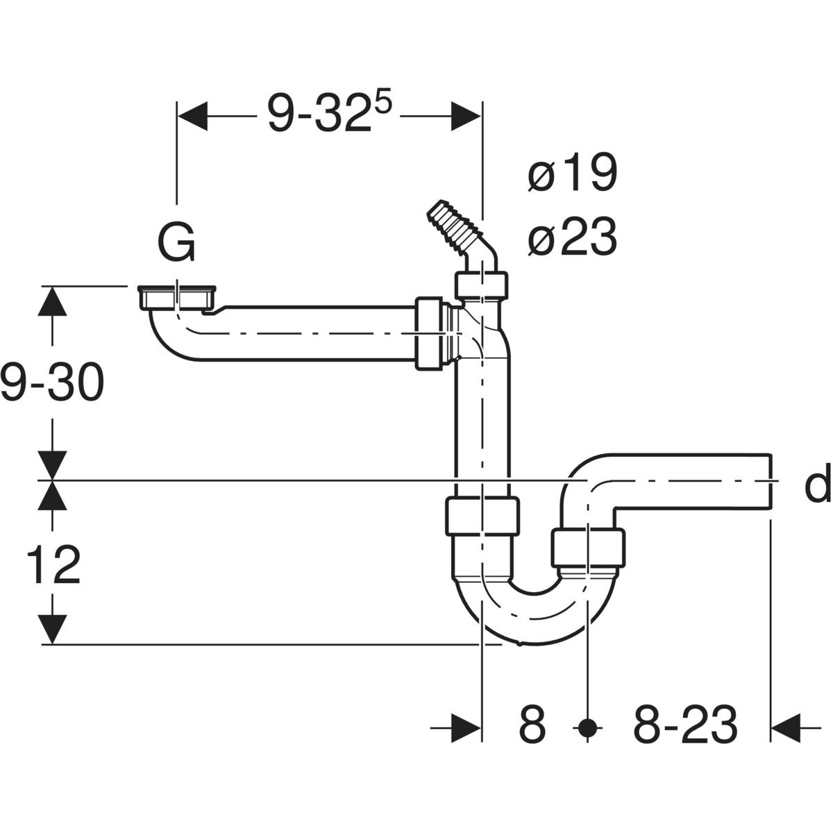 Geberit Raumspar-Siphon 1 1/2'' x 50 mm für Spülbecken waagerechter Abgang, Winkelschlauchtülle