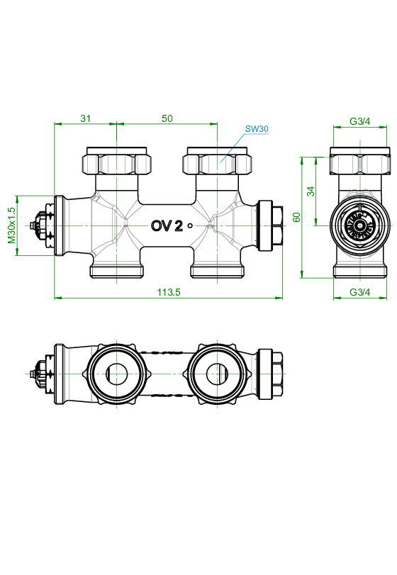 Oventrop Anschlussarmatur Multiblock T 50mm, 3/4'' ÜM x 3/4'' AG, Durchgang 1184013 - Bild 3