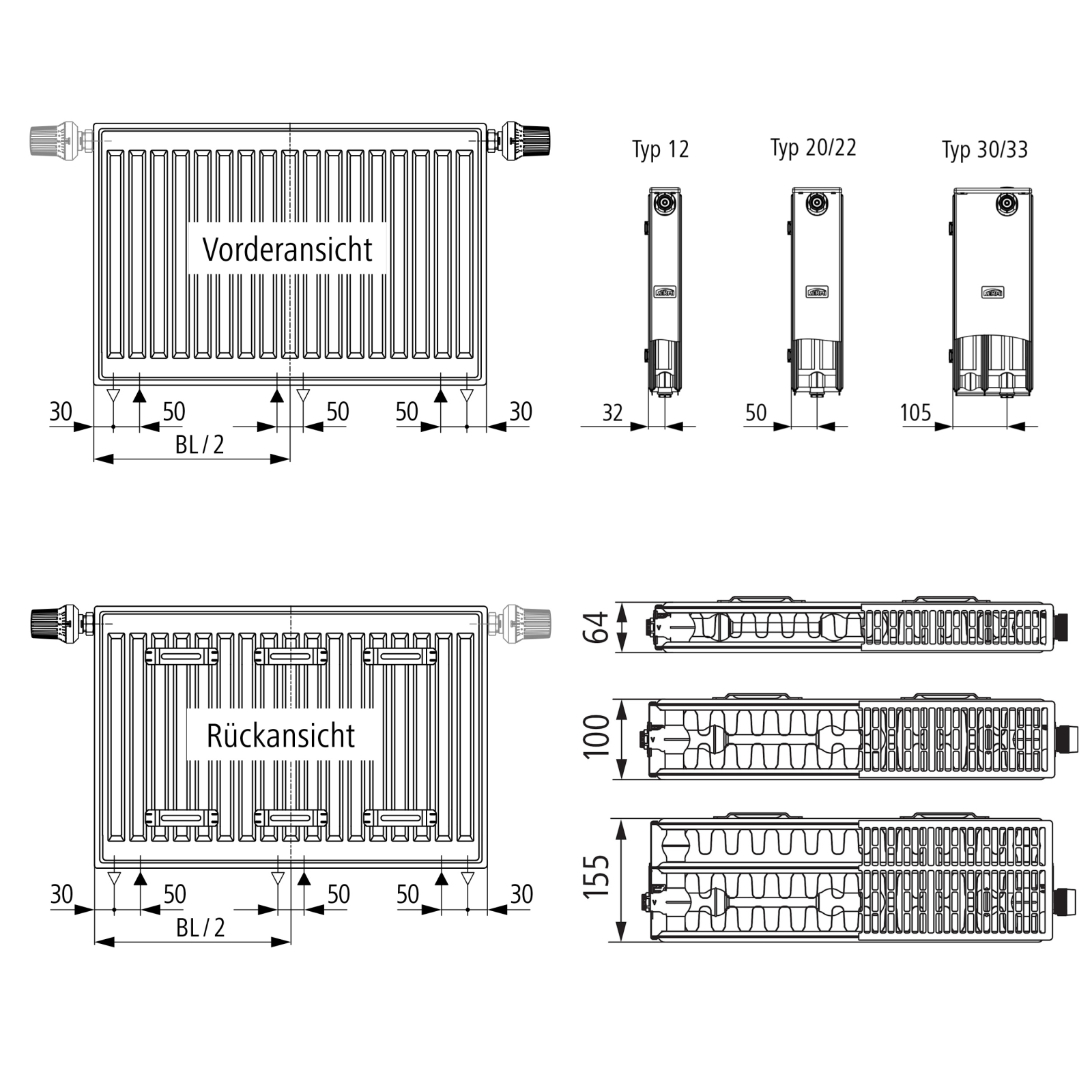 Kermi therm-x2 Profil-Vmulti Typ 12 600x1200mm Ventilheizkörper Weiß inkl. Bohrkonsolenset QN1474