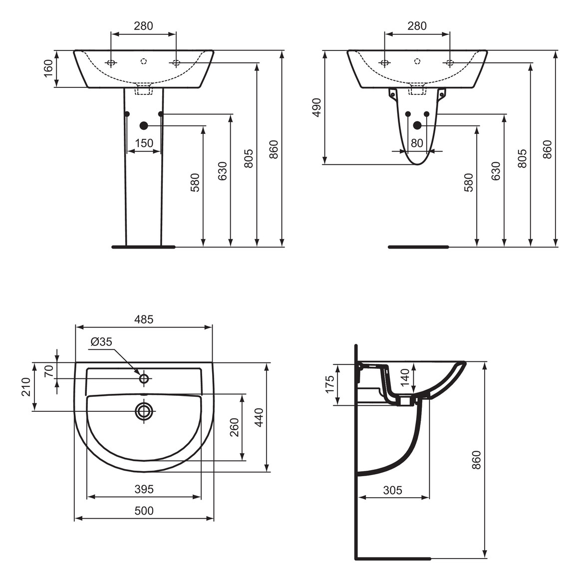 Ideal Standard Handwaschbecken Eurovit 50x44cm weiß, mit Überlauf und Hahnloch W332801 - Bild 2