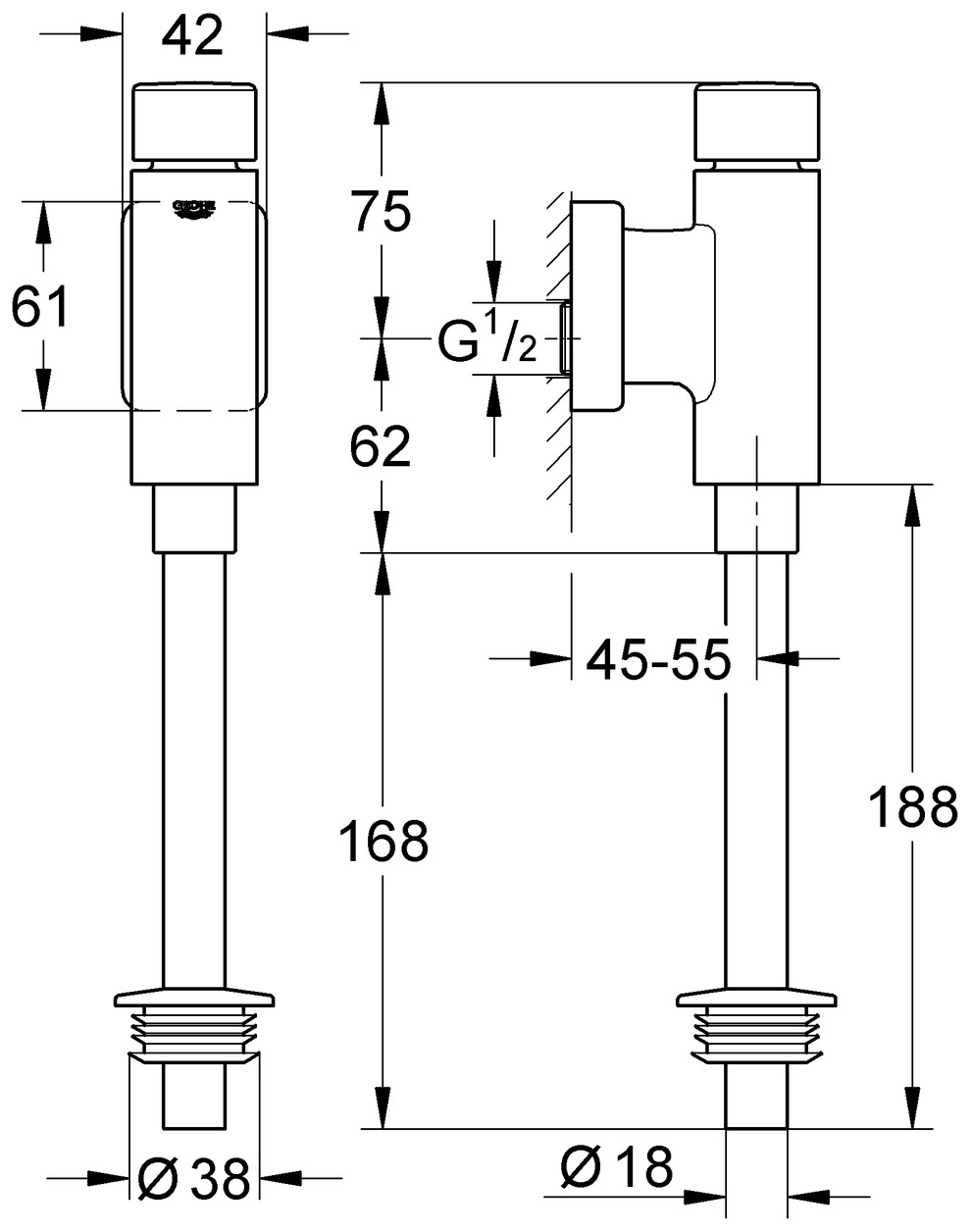 GROHE Urinal-Druckspüler Rondo 37342 DN15 Vorabsperrung Behördenausführung verchromt 37342000 - Bild 2