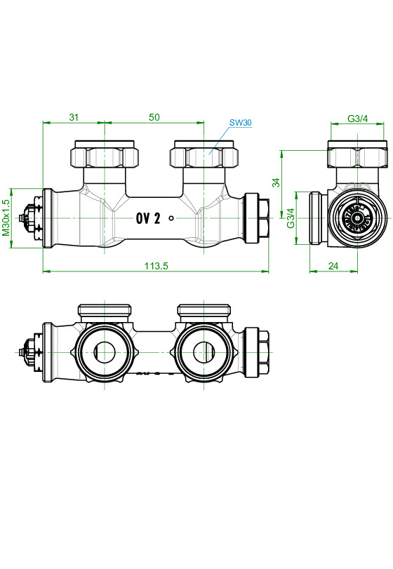 Oventrop Anschlussarmatur Multiblock T 50mm, 3/4'' ÜM x 3/4'' AG, Eckform 1184014 - Bild 3