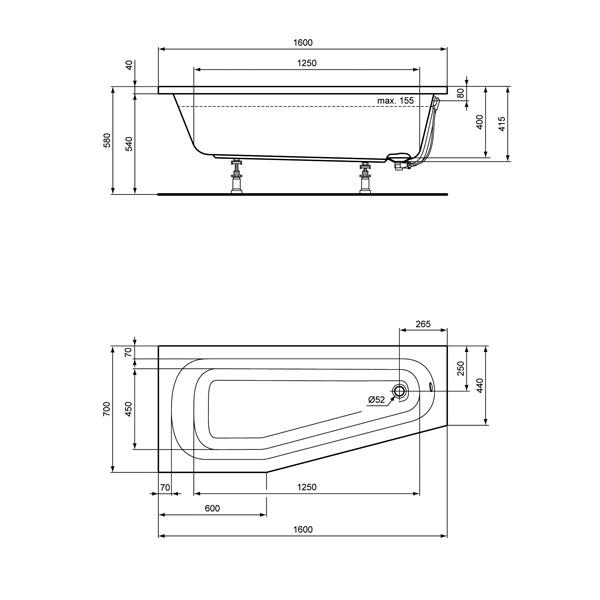 Raumspar-Badewanne 160x70/45x46,5 cm links weiß K276301 inklusive Styropor-Wannenträger - Bild 2