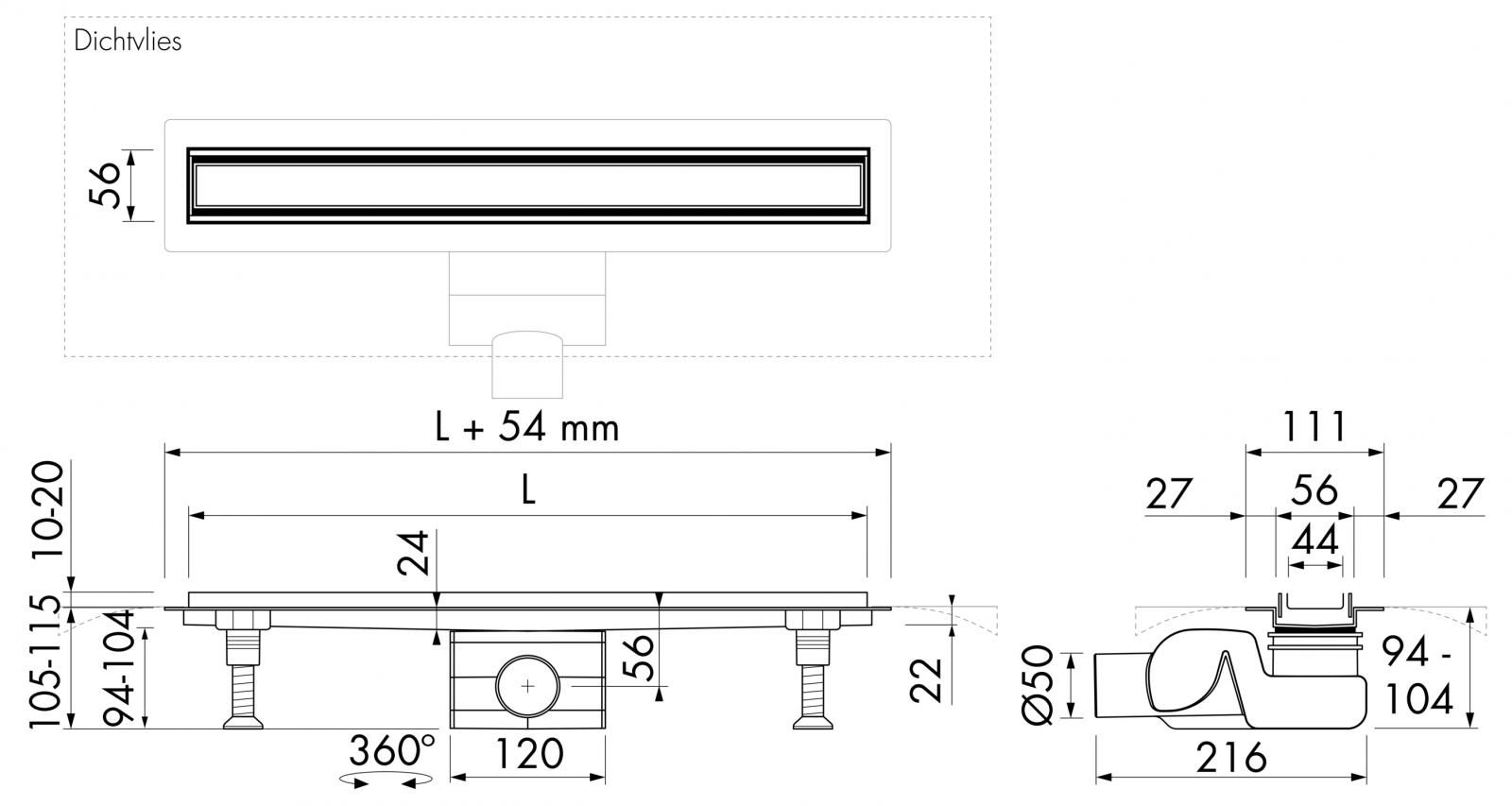 VIGOUR Duschrinne individual Kunststoff 700 mm inkl. Füße, 2 Siphons und Wenderost Edelstahl - Bild 3