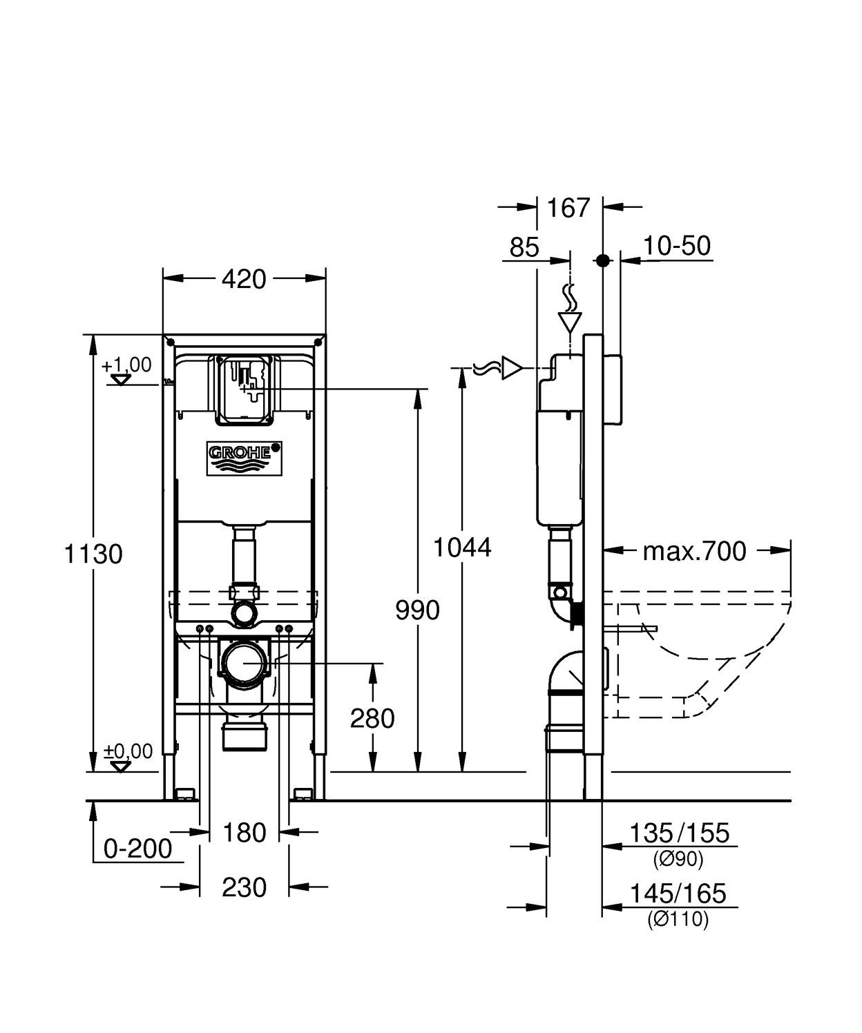 Grohe Rapid SL Spülkasten WC Element BH 113cm, Breite 0,42cm, für behindengerechte Montage 38675001 - Bild 3