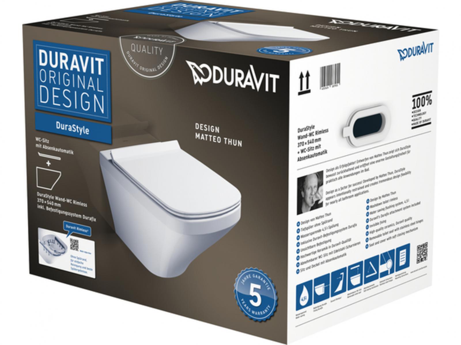 Duravit DuraStyle Wand-WC Rimless Set spülrandlos weiß Wondergliss, WC-Sitz mit Absenkautomatik - Bild 1