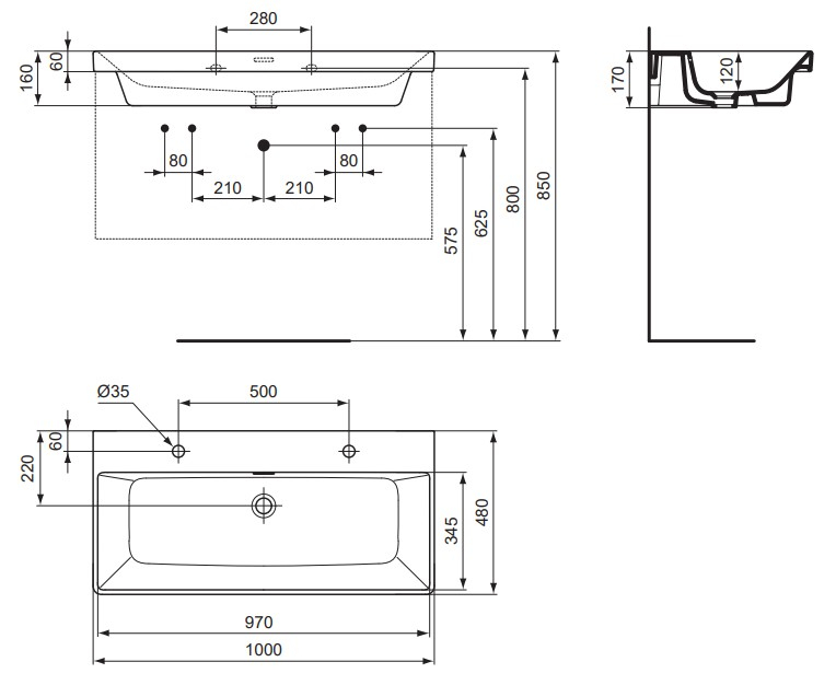 VIGOUR Möbelwaschtisch derby V3 100x48cm PflegetectPlus weiss, 2 Hahnlöcher mit Überlauf