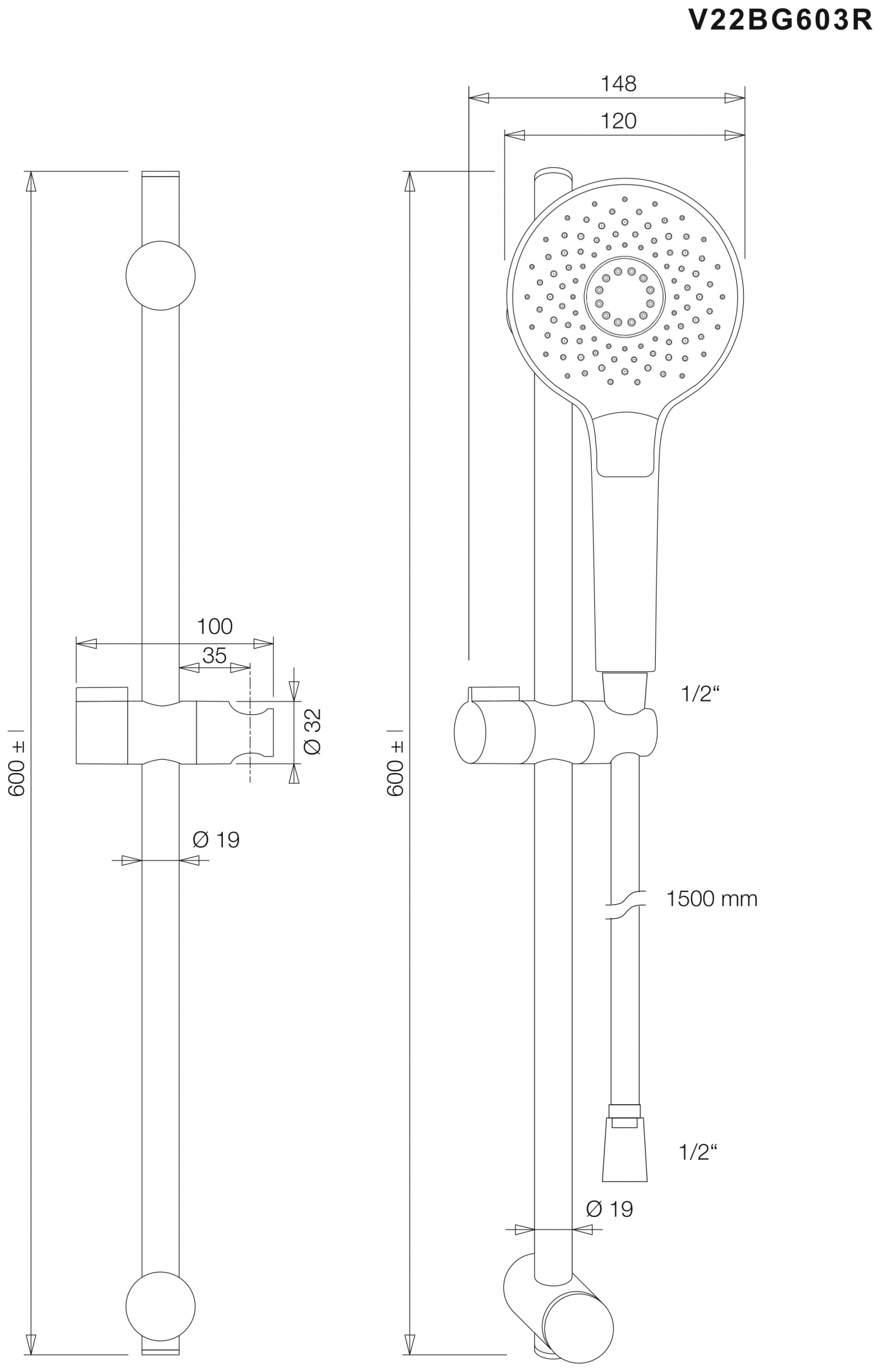 VIGOUR Brausegarnitur individual 2.2 mit Stange 60cm Schlauch, Handbrause rund verchromt - Bild 2