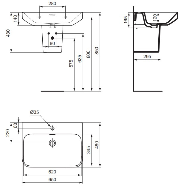 VIGOUR Waschtisch derby V3 65x48cm PflegetectPlus weiss mit Hahnloch und Überlauf