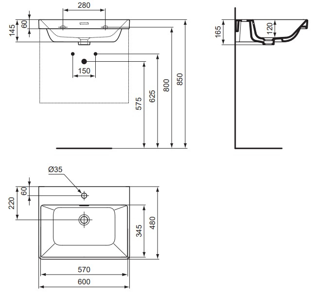 VIGOUR Möbelwaschtisch derby V3 60x48cm geschliffen PflegetectPlus weiss mit Hahnloch und Überlauf