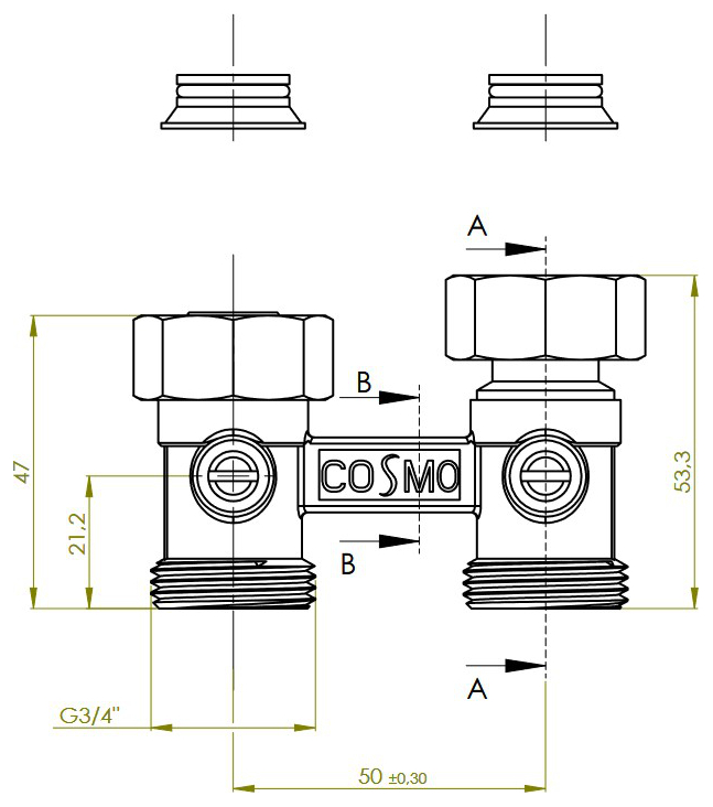 Zweirohr-Hahnblock 3/4'' AG Durchgangsform absperrbar, Konus lose, 10 bar, Rohrabstand 50mm - Bild 2