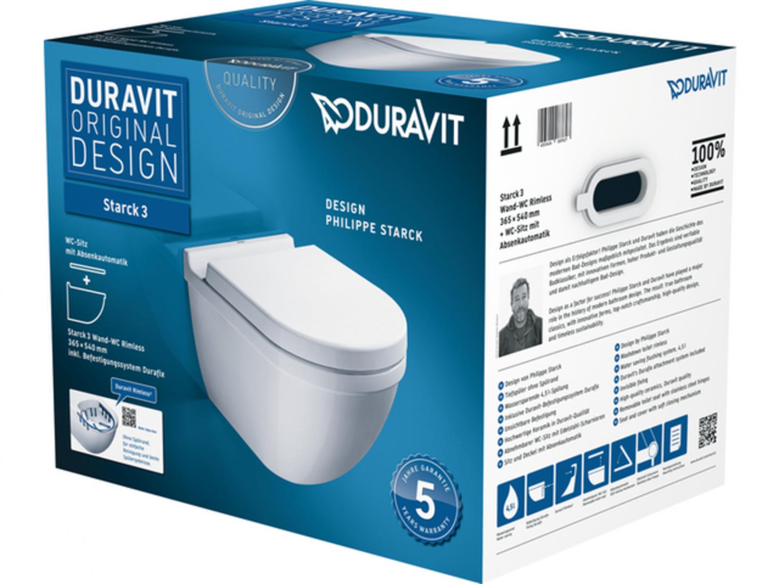 Duravit Starck 3 Wand-WC Rimless Set spülrandlos weiß, mit WC-Sitz und Absenkautomatik - Bild 1
