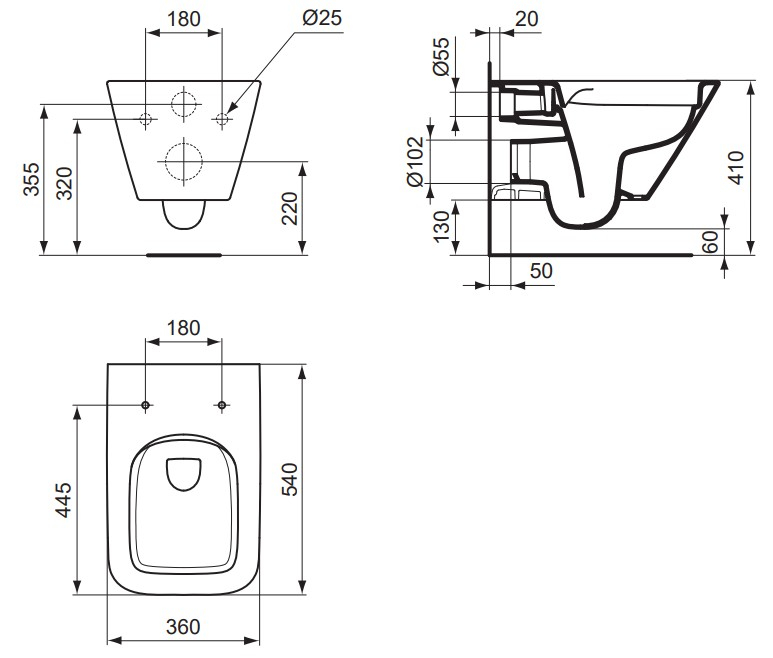 VIGOUR Wand-Tiefspül-WC derby V3 edge PflegetectPlus weiss, spülrandlos, offene Befestigung