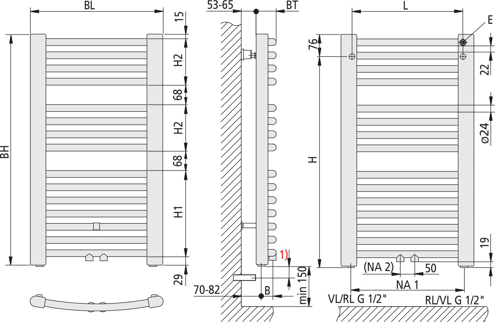 Kermi Badheizkörper Basic-50R gebogen 1770 x 70 x 749 mm QN1216 weiß RAL 9016, ER01M1800752XXK