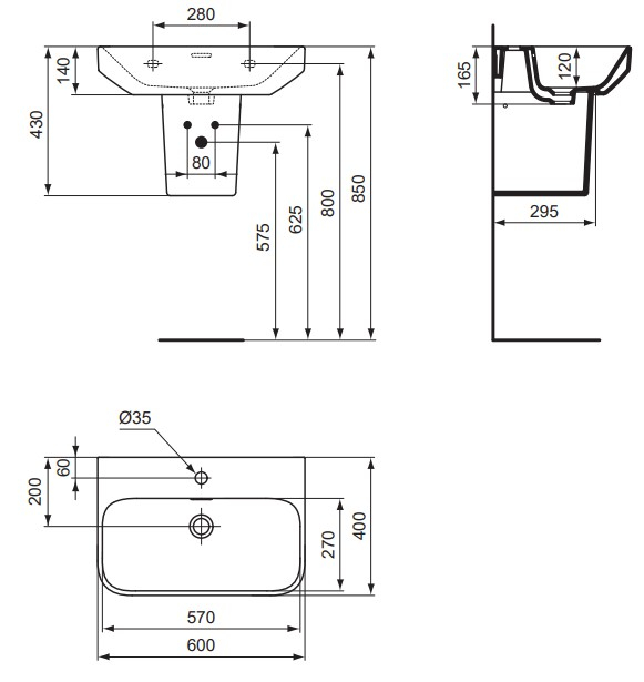 VIGOUR Waschtisch derby V3 kompakt 60x40cm PflegetectPlus weiss mit Hahnloch und Überlauf