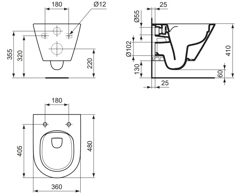 VIGOUR Wand-Tiefspül-WC derby V3 verkürzt 48cm PflegetectPlus weiss, spülrandlos, verdeckte Befest.