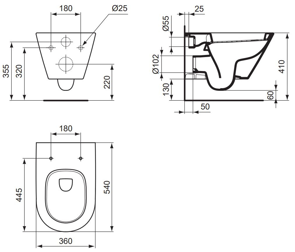VIGOUR Wand-Tiefspül-WC derby V3 PflegetectPlus weiss, mit Spülrand, WC-Sitz mit Absenkautomatik