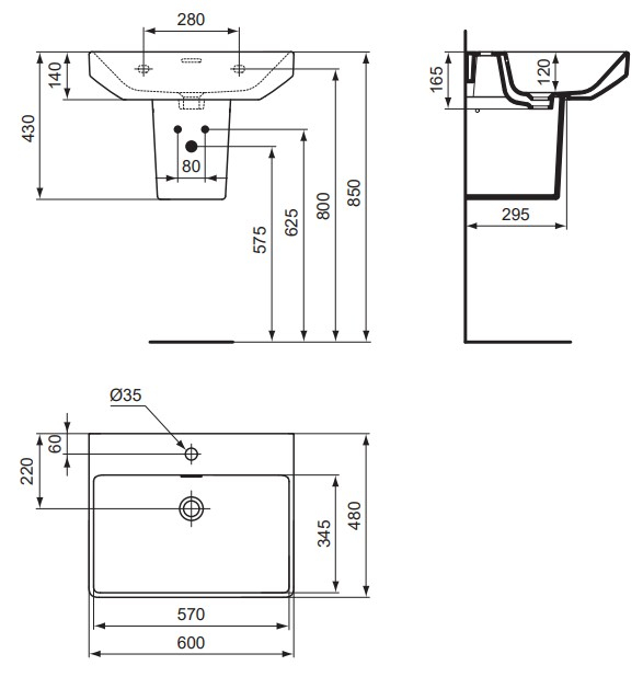 VIGOUR Waschtisch derby V3 edge 60x48cm PflegetectPlus weiss mit Hahnloch und Überlauf