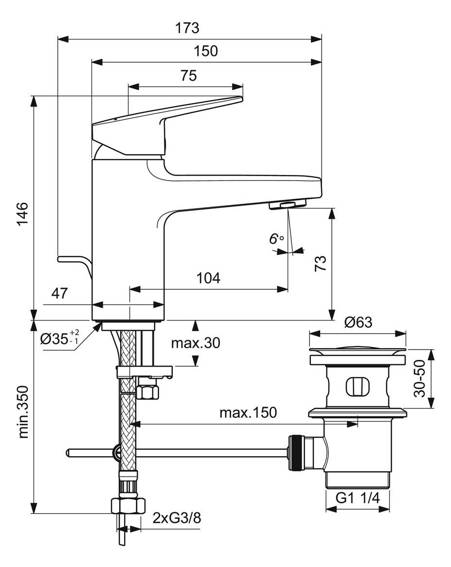 Ideal Standard Ceraplan Waschtischarmatur H75 Chrom mit Zugknopf-Ablaufgarnitur BD214AA - Bild 5