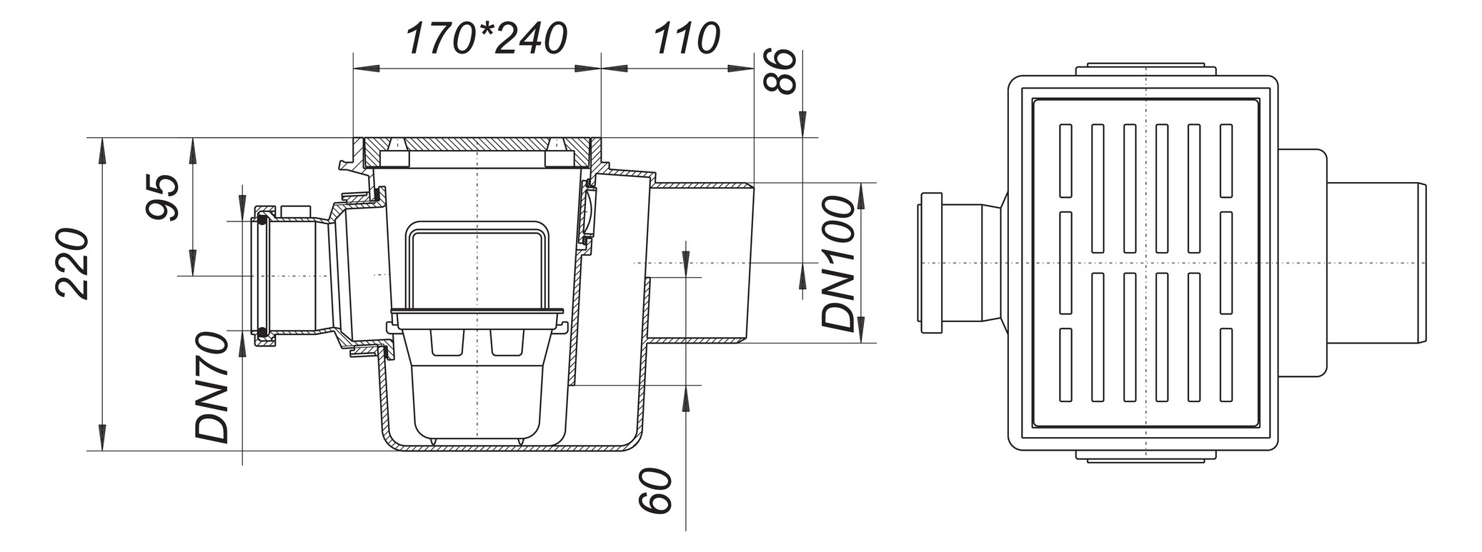 DALLMER Kellerablauf 71/3 Zulauf DN 70, Ablauf DN 100, Klasse K3, 710369 - Bild 2