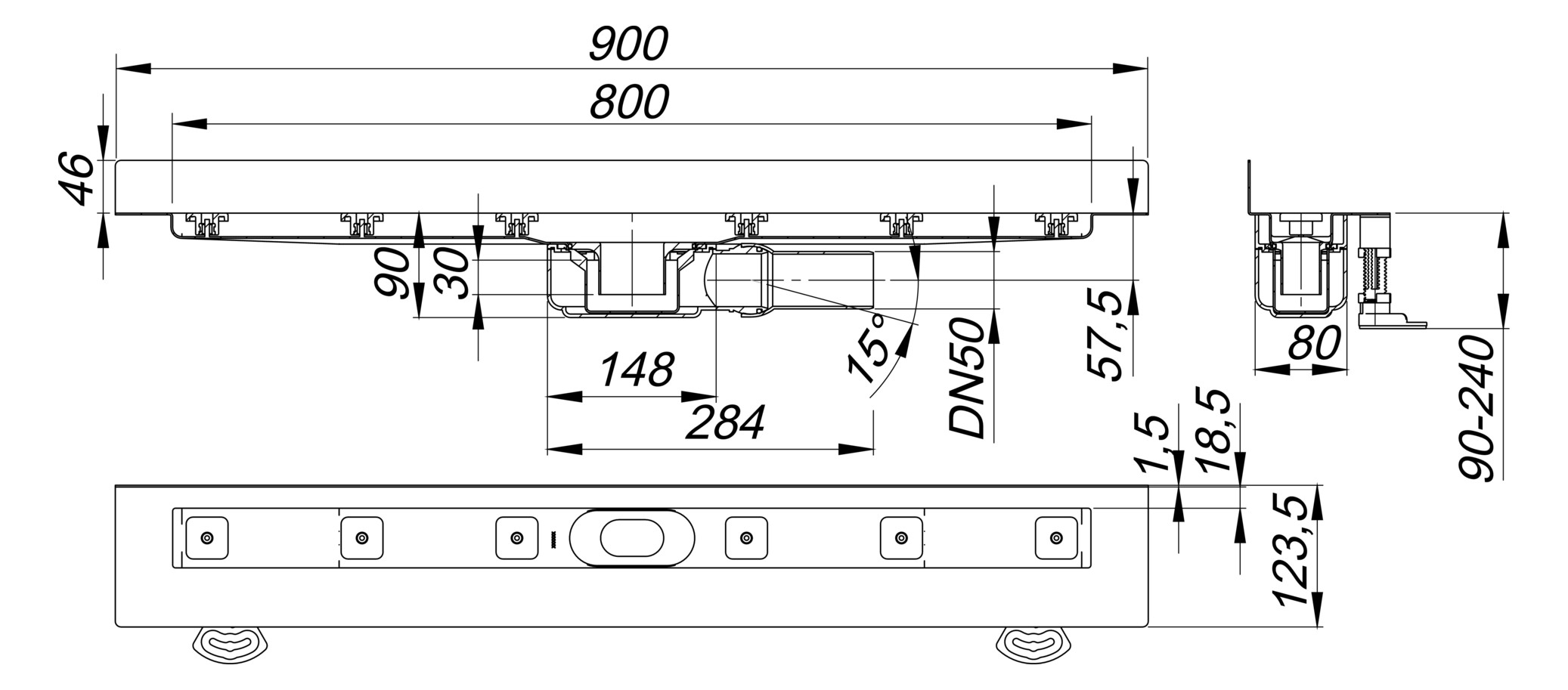 DALLMER Duschrinne CeraLine Plan W 800 mm BH 90 mm mit 1 Ablaufgehäuse, Wand 523143 - Bild 2