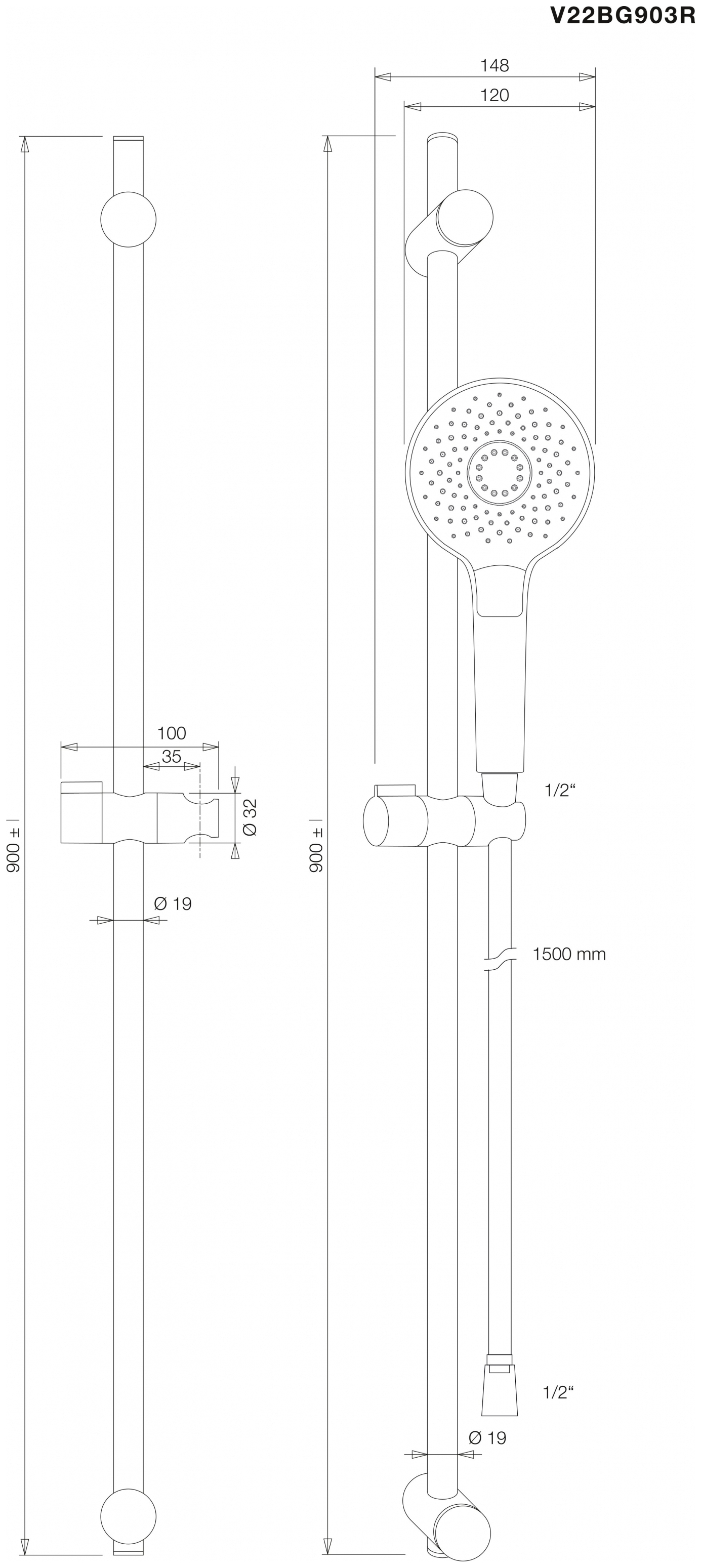 VIGOUR Brausegarnitur individual .2.2 mit Stange 90cm Schlauch, Handbrause rund verchromt - Bild 2