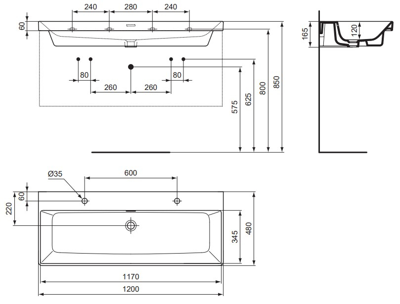 VIGOUR Möbelwaschtisch derby V3 120x48cm PflegetectPlus weiss, 2 Hahnlöcher mit Überlauf