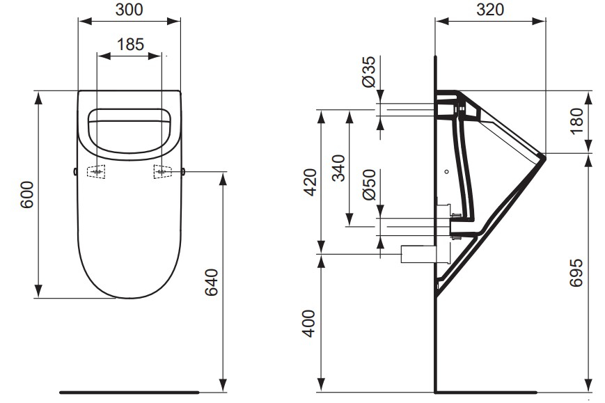 VIGOUR Urinal derby V3 PflegetectPlus weiss spülrandlos, verdeckter Zulauf