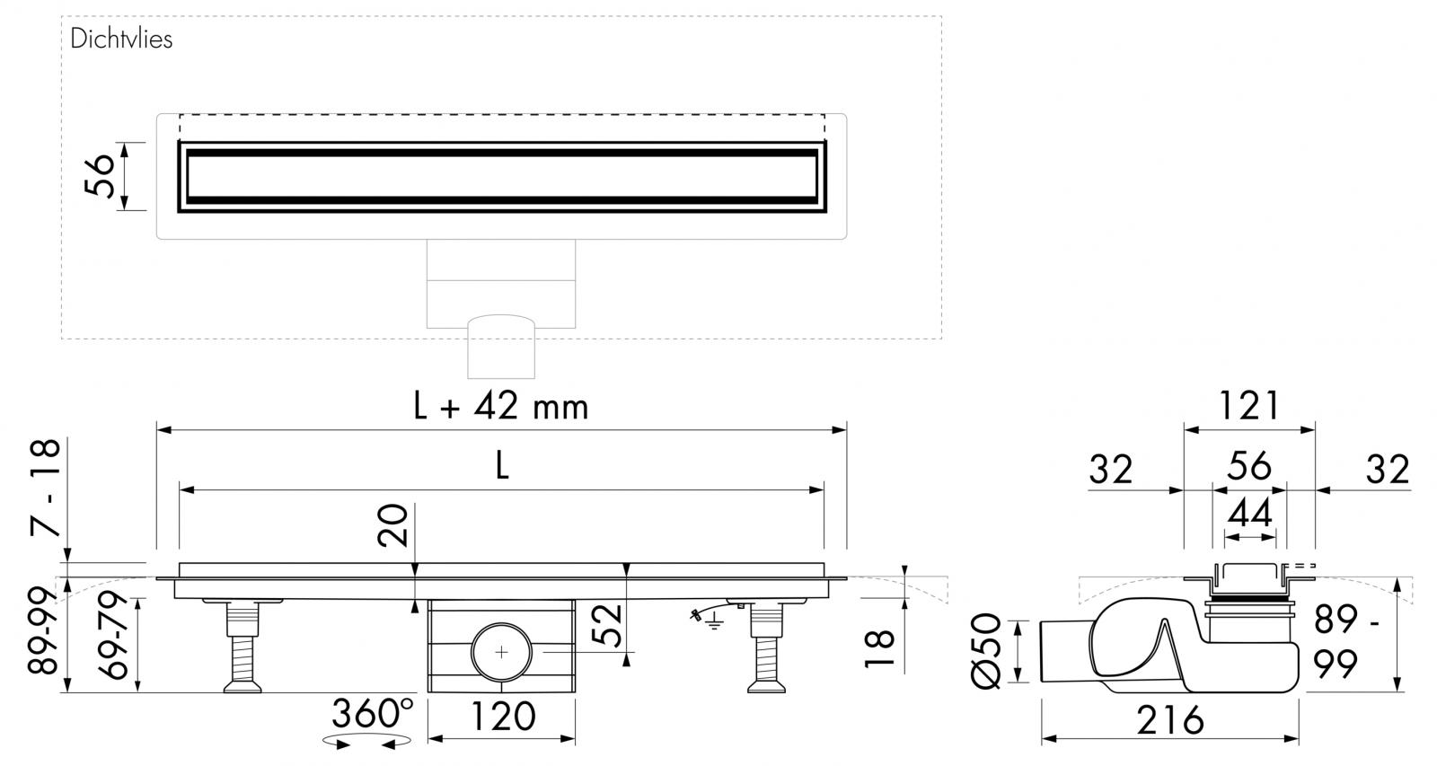 VIGOUR Duschrinne individual Edelstahl 1200 mm mit Wandadaper, inkl. Füße, 2 Siphons, Spwh.50mm - Bild 3