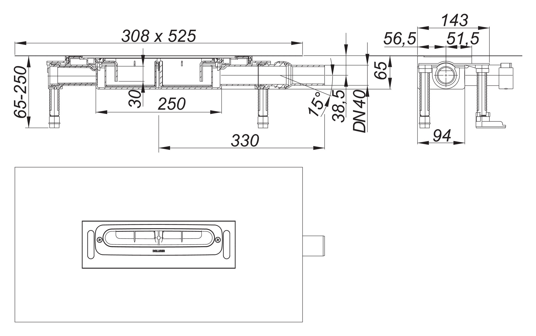 Dallmer DallFlex Plan Ablaufgehäuse DN 40 Abgang seitlich Kugelgelenk Bauhöhe 65 mm 539014 - Bild 3