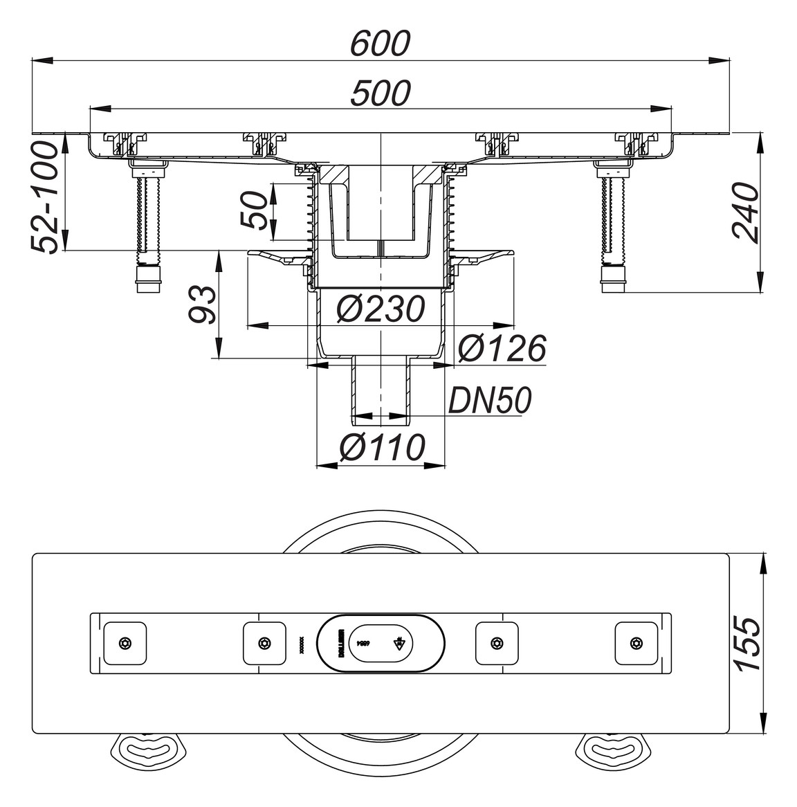 DALLMER Duschrinne CeraLine senkrecht F 500 mm DN 50, Fläche 521606 - Bild 2