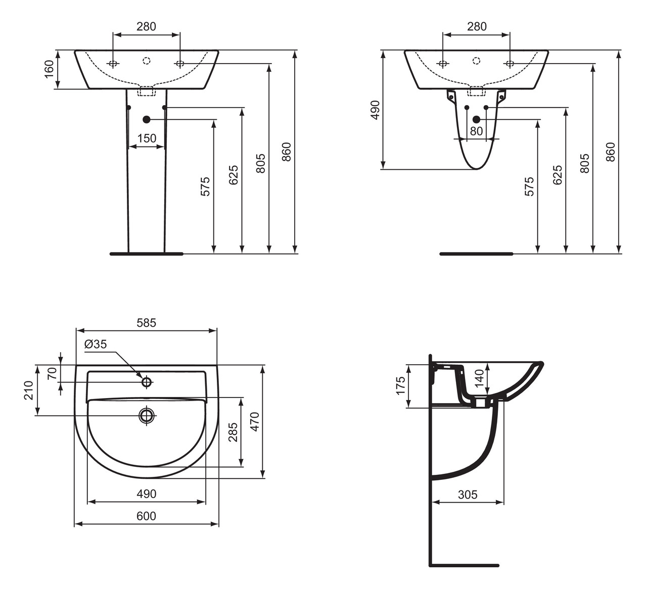 Ideal Standard Waschtisch Eurovit 60x47cm weiß, mit Überlauf und Hahnloch W332301 - Bild 4