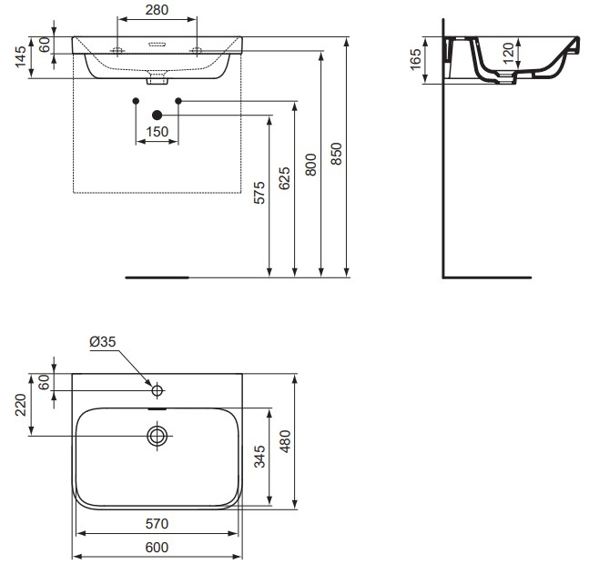 VIGOUR Aufsatz-Waschtisch derby V3 60x48cm geschliffen PflegetectPlus weiss mit Hahnloch+Überlauf