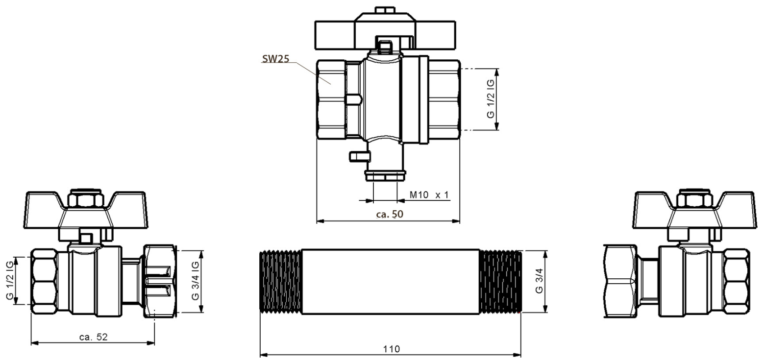 TRINNITY Einbaustrecke WMZ mit Absperrungen G 3/4 x 110mm TF 5,2mm