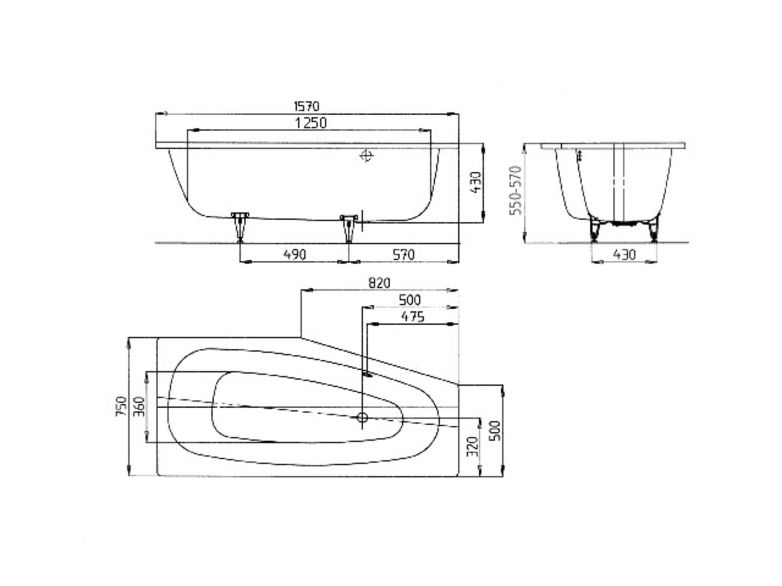 Kaldewei Raumsparwanne Mini 157x75 cm links Modell 832 Stahl-Email weiss inklusive Träger - Bild 4
