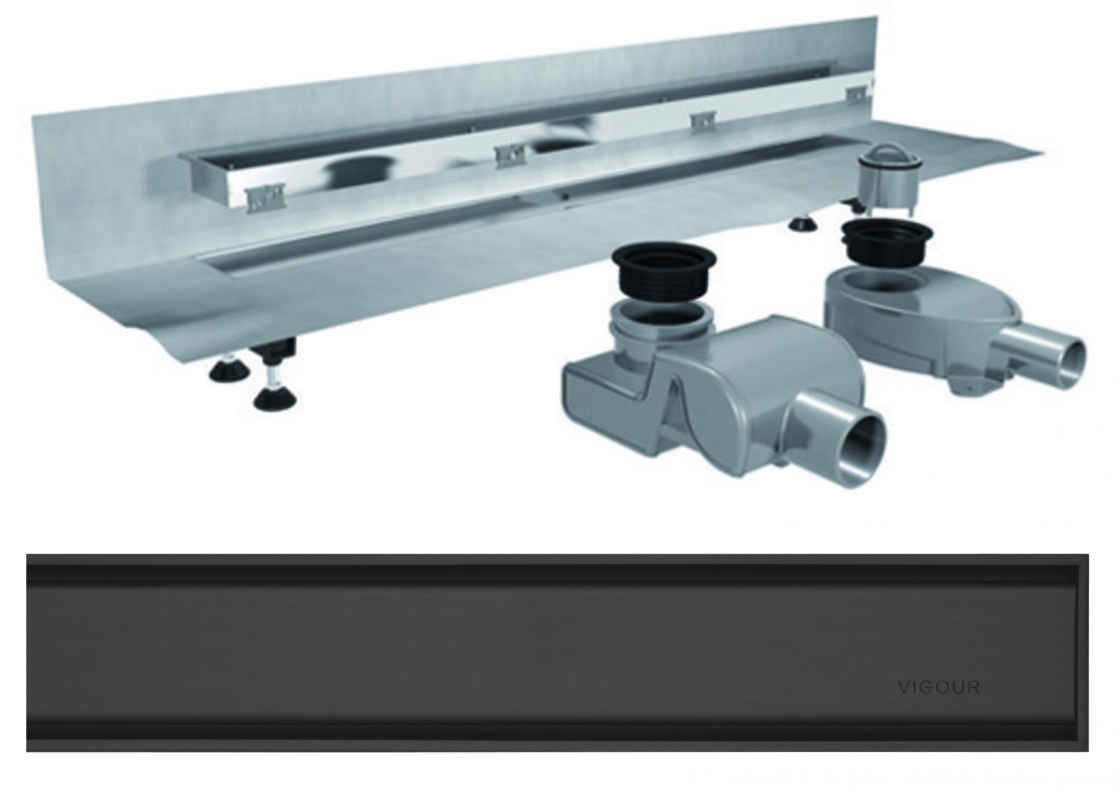 VIGOUR Duschrinne individual 3.0 Edelstahl 600 mm Wand, Abdeckung matt schwarz, Füße und Siphons - Bild 1