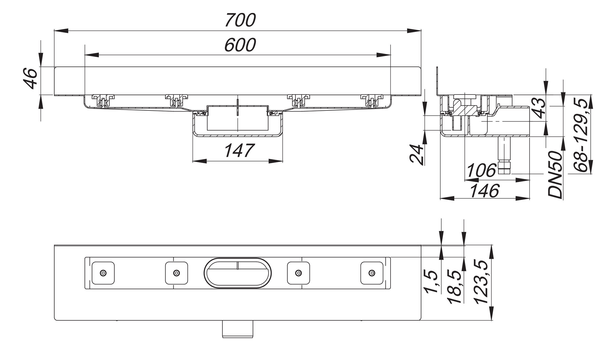 DALLMER Duschrinne CeraLine Nano W 600 mm BH 68 mm mit 1 Ablaufgehäuse, Wand 523099 - Bild 2