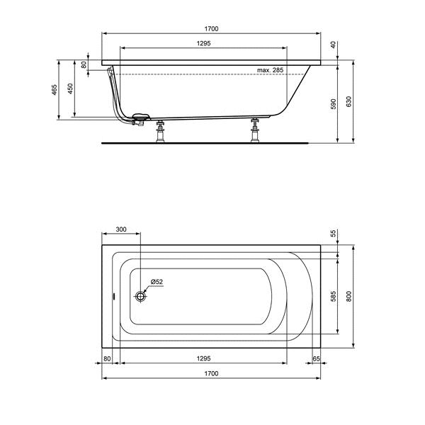 Kombi-Badewanne mit Duschzone 170x80 cm aus Sanitär-Acryl weiß inklusive Styropor-Wannenträger - Bild 2