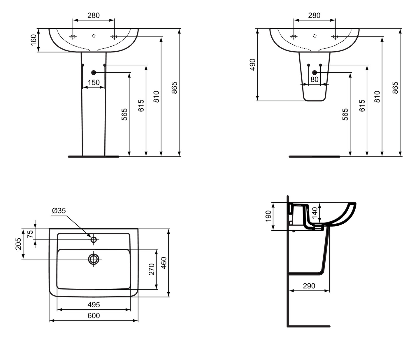 Ideal Standard Waschtisch Eurovit-Plus 60x46cm eckig weiß mit Überlauf und Hahnloch V302701 - Bild 2
