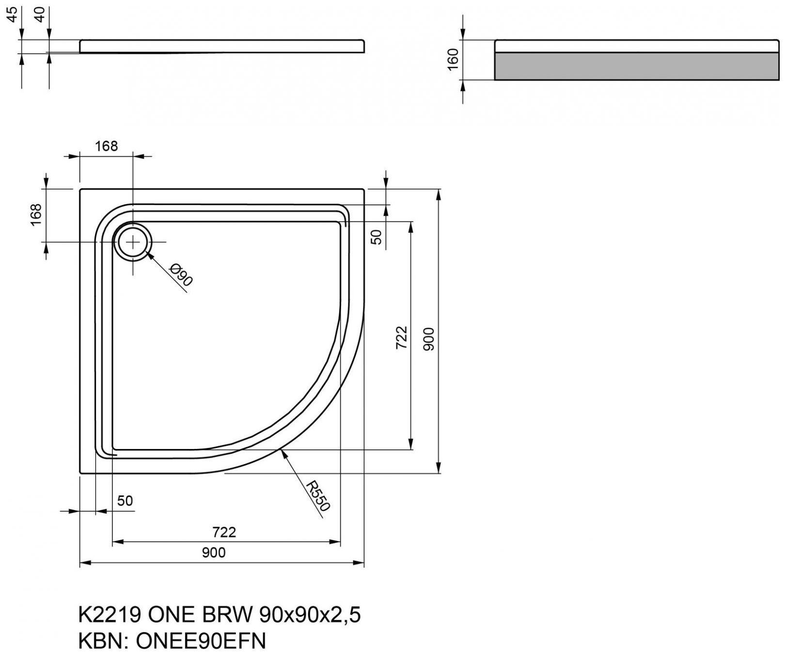 VIGOUR Viertelkreisduschwanne Acryl one 90x90x2.5cm Radius 55cm weiss - Bild 2