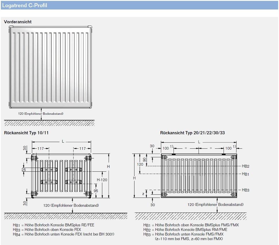 Buderus C-Profil Typ 33, 300x900mm Logatrend Kompaktheizkörper inkl. Montage-System FMS, Stopfen - Bild 4
