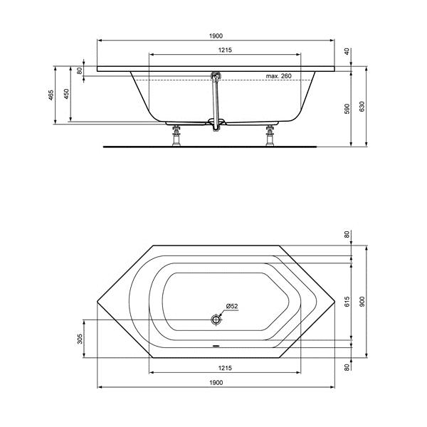 Sechseck-Badewanne 190x90 cm aus Sanitär-Acryl weiß inklusive Styropor-Wannenträger - Bild 2
