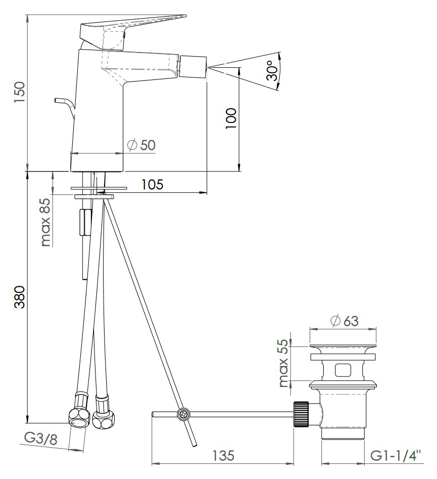 VIGOUR Einhand-Bidet-Batterie one verchromt mit Zugstangen-Ablaufgarnitur - Bild 2