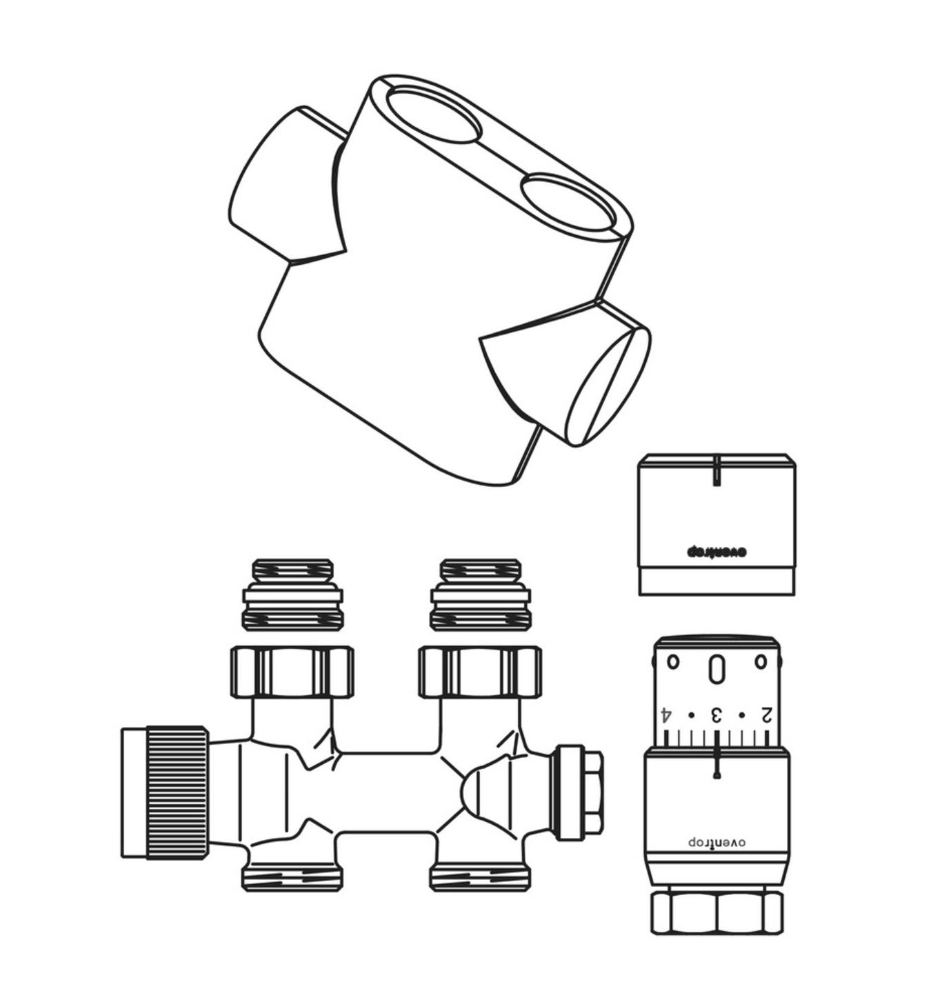 Multiblock-T-Anschluss-Set, Durchgang weiß, mit Thermostatkopf Uni SH, für Badheizkörper - Bild 2