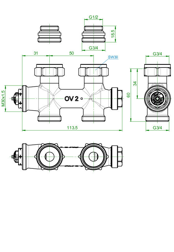 Oventrop Anschlussarmatur Multiblock T 50mm, 1/2'' AG x 3/4'' AG, Durchgang 1184083 - Bild 3